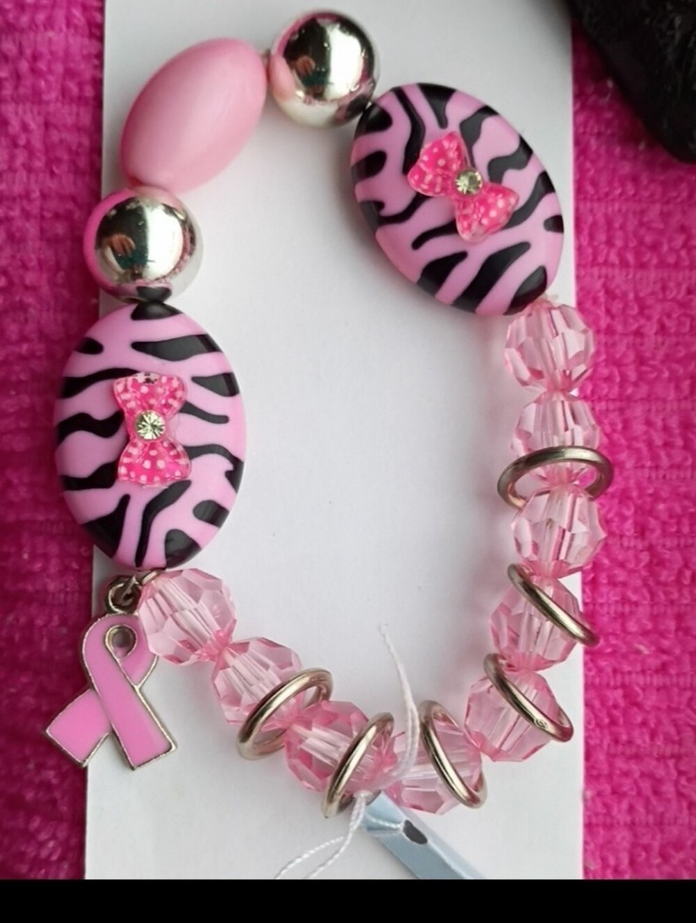 Pink Awareness Ribbon Zebra Beads & Pink Bows Stretch Bracelet
